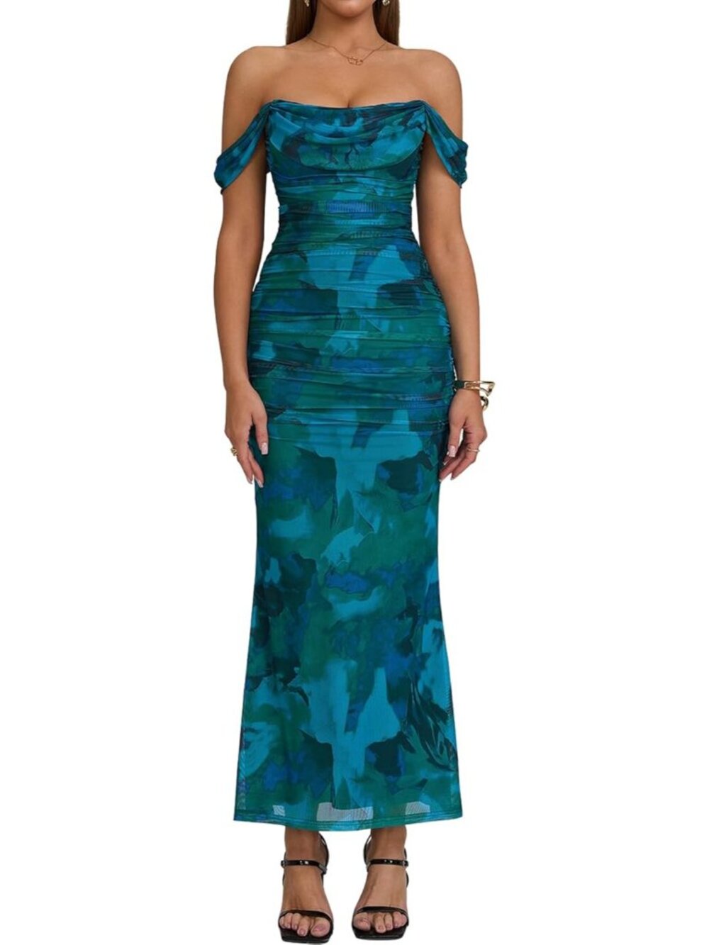 Women's Green Floral Corset Ruched Off The Shoulder Bodycon Cocktail Maxi Dress